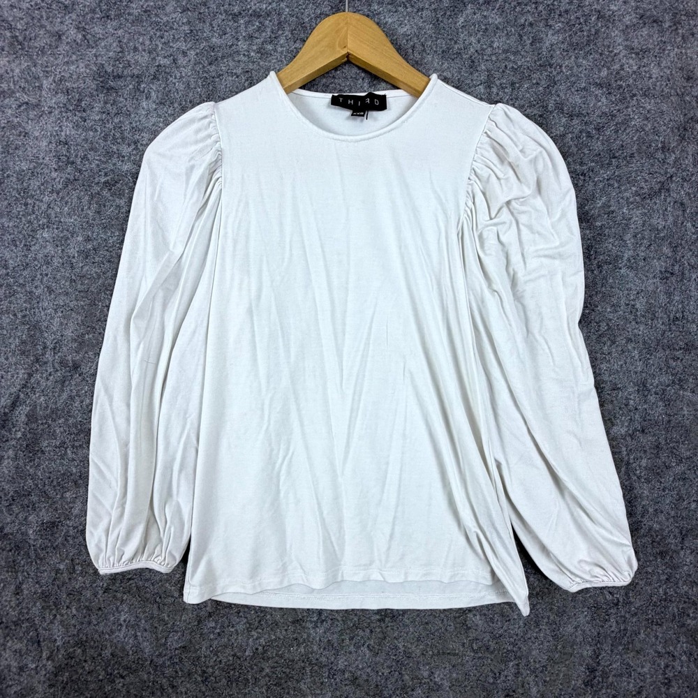 THIRD Blouse Top Womens 2XS White Rayon Stretch Balloon Sleeve Neutral Office